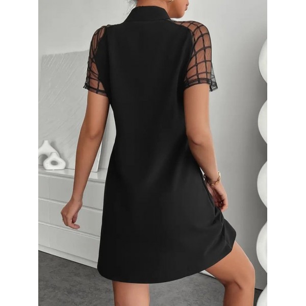 Kadın Kısa Kollu Boyundan Bağlamalı Omuzlarda Tül Detaylı Janjan Krep Elbise