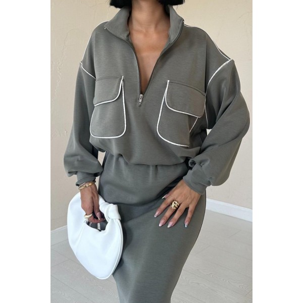 Haki Biyeli Sweatshirt Ve Etek Takım