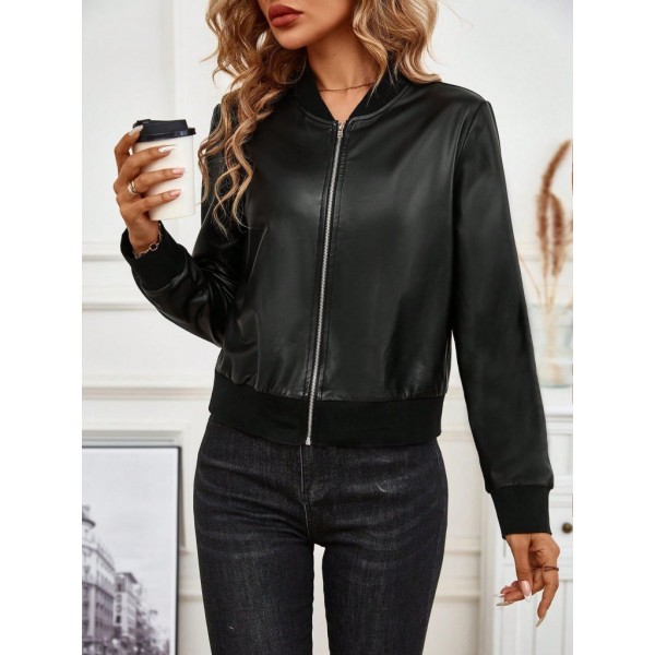 Kadın Uzun Kollu önden Fermuarlı Deri Kısa Ceket