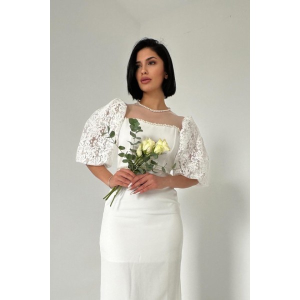 Beyaz İncili Tül Detay Elbise