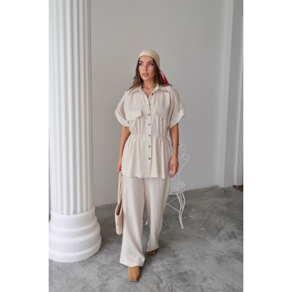 KETEN BELDEN BÜZGÜ DETAYLI GÖMLEK - PANTOLON TAKIM - Taş