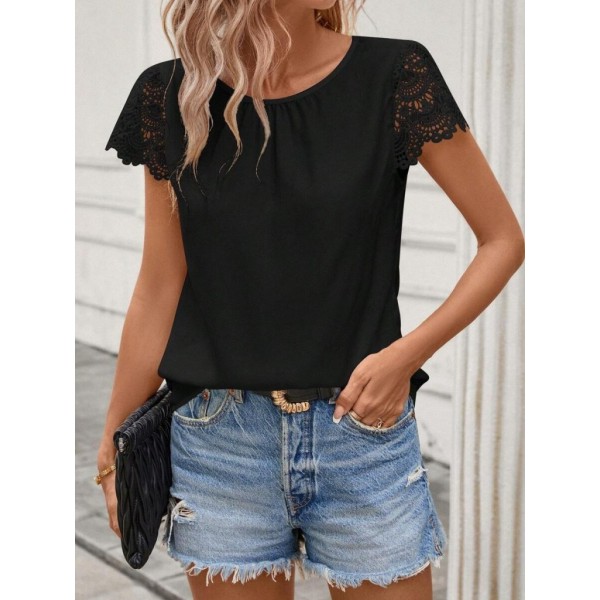 Kadın Kısa Dantel Kollu Bisiklet Yaka Sandy Bluz