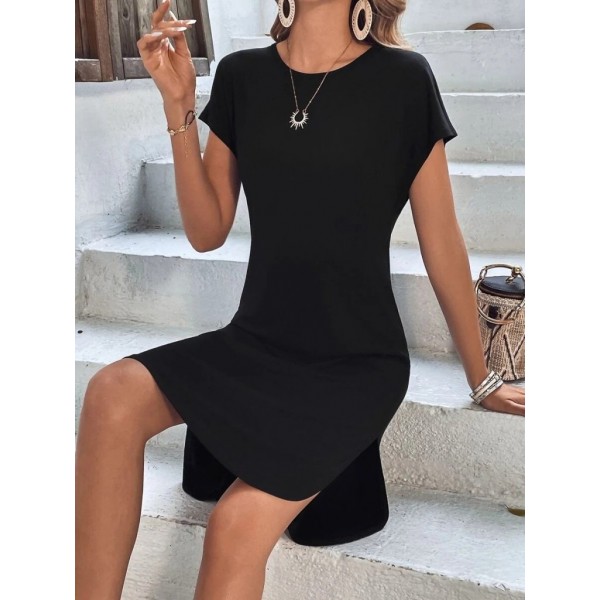 Kadın Kısa Kollu Bisiklet Yaka Viskon Iki Iplik Elbise