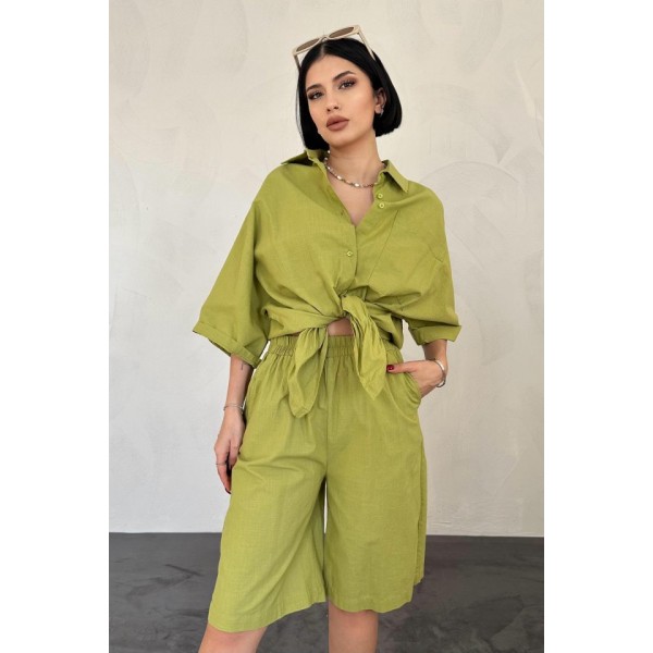 Yağ Yeşili Kısa Kollu Keten Gömlek Ve Şort Takım