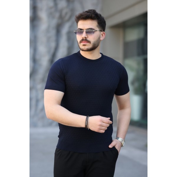 Erkek Viskon Kumaş Bisiklet Yaka Desenli Tişört