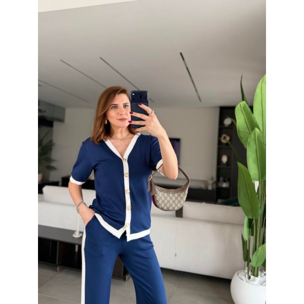 Kadın Kısa Kollu Ribana Ve Gold Düğme Detay Hırka Yanı şeritli Pantolon Ikili Takım