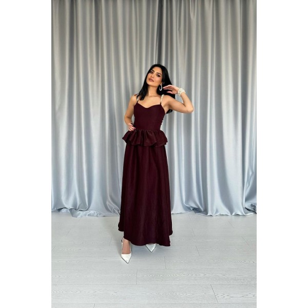 Bordo Beli Büzgülü İnci Askılı Uzun Elbise