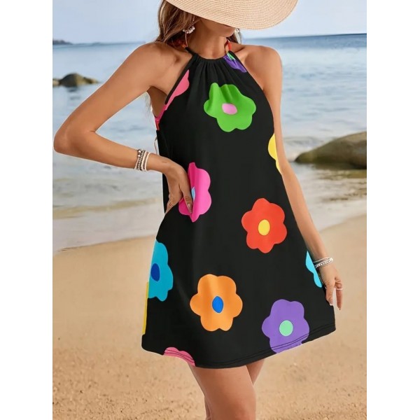 Kadın Boyundan Askılı Kolsuz çiçek Desenli Süprem Elbise