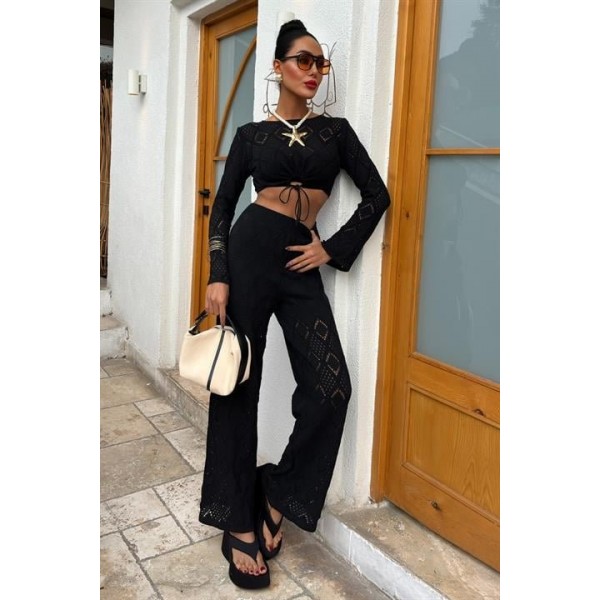 Göğüs Bağcık Detaylı Ajurlu Bluz Pantolon Takım 10098