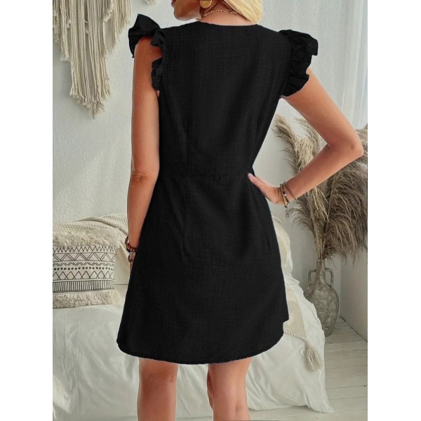 Kadın Fırfır Kollu V Yakalı Düğmeli Keten Elbise