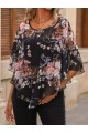 Kadın Kısa Kollu Yuvarlak Yaka çiçek Baskılı Asimetrik Kesim şifon Bluz