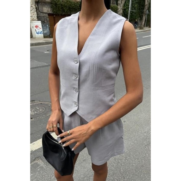 Yelek Şort Flamlı Keten Takım 10133-17