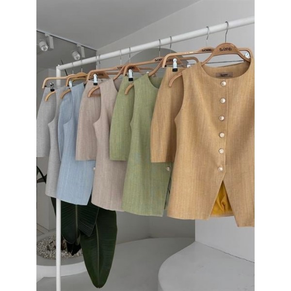 Uzun Yelek Mini Etek Flamlı Keten Takım 10148