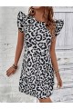 Kadın Kısa Kollu Kolları Fırfır Detay Arkası Bağlamalı Leopar Desen Kolsuz Mini Mikro Elbise