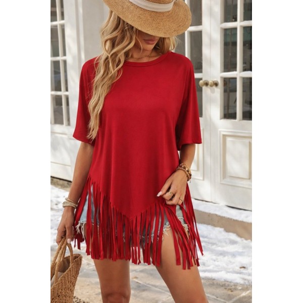 Kadın Kısa Kollu Bisiklet Yaka Püsküllü Viskon Bluz