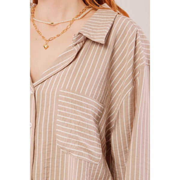 Çizgi Detaylı Cepli Camel Gömlek