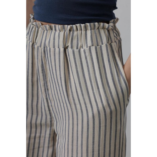 Çizgili Pamuklu Lastikli Pantolon - Bej-Lacivert
