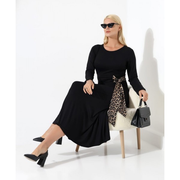 Kadın Bisiklet Yaka Leopar Fiyonk Detay Maxi Boy Elbise
