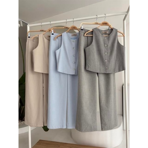 Yelek Plazzo Pantolon Çizgili Flamlı Poliviscon Takım 10178