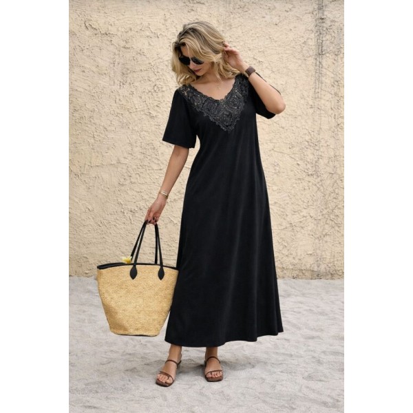 Kadın Kısa Kollu Dantel Güpür Detay V Yaka Maxi Boy Elbise