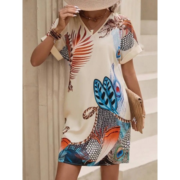 Kadın Kısa Kollu V Yakalı Desenli Mini Atlas Elbise