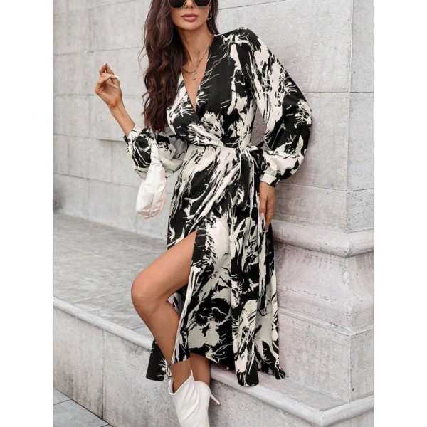 Kadın Uzun Kollu Kruvaze Yakalı Yandan Bağlamalı Desenli Mini Modal Elbise