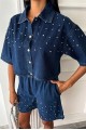 Taş Detaylı Gömlek Şort Denim Takım 10175
