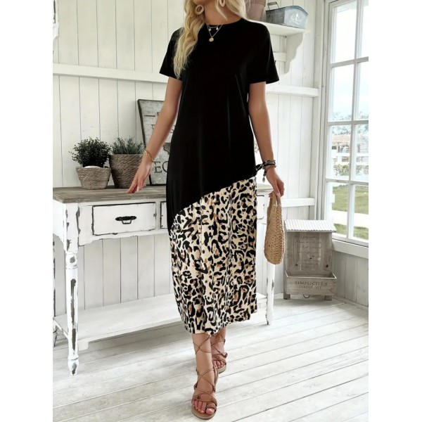 Kadın Kısa Kollu Bisiklet Yaka Leopar Detaylı Midi üst Viskon Alt Süprem Elbise