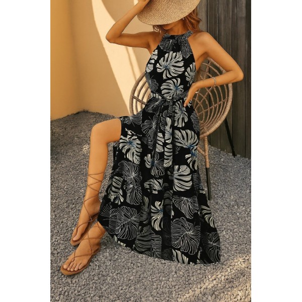 Kadın Kolsuz Halter Yaka Beli Lastikliotantik Desenli Mikro Kumaş Elbise