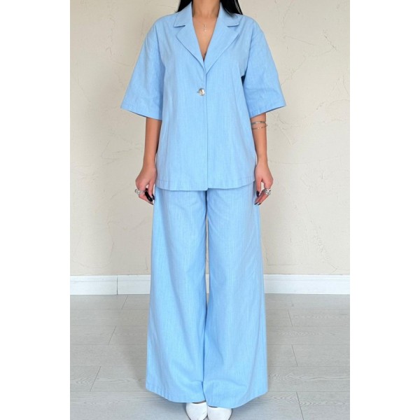 Mavi Önü Tek Düğmeli Ceket Pantolon Takım