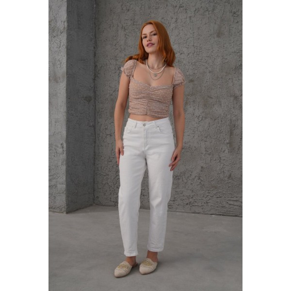 Puantiyeli Belden Oturtmalı Tül Krem Bluz