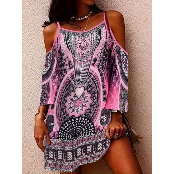 Kadın Askılı Omuzlardan Açık Truvakar Kol Desenli Kısa Süprem Elbise