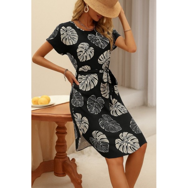 Kadın Kısa Kollu Bisiklet Yaka Desenli Kuşaklı örme Krep Midi Elbise