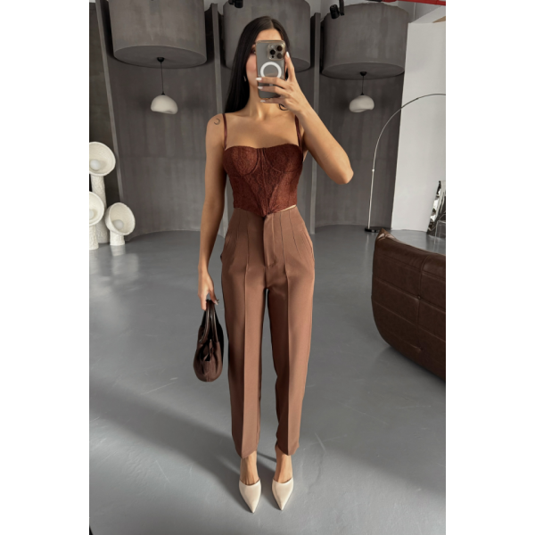 PANTOLON PENSLİ ATLAS KUMAŞ - Kahverengi