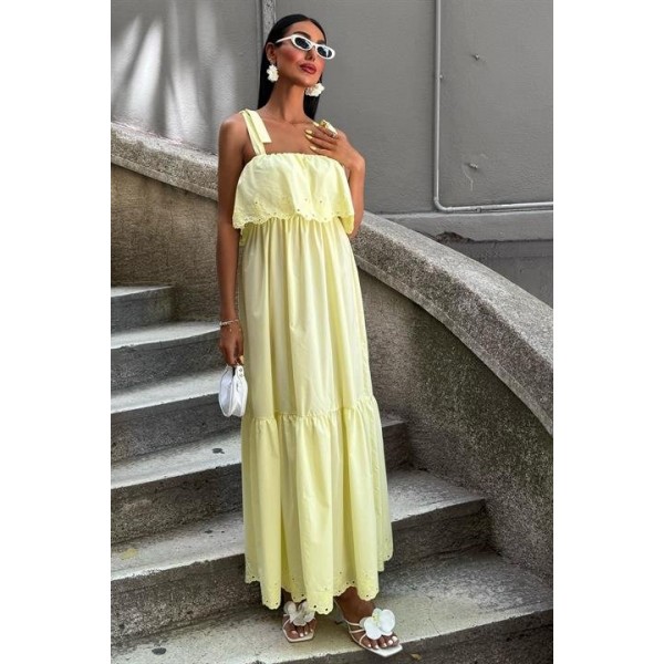 Etek Ucu Brode Nakışlı Boyundan Bağlamalı Elbise 2881