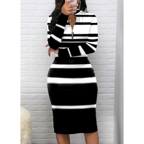 Kadın Uzun Kollu Fermuar Detay Siyah Beyaz çizgili Akrelik Triko Elbise