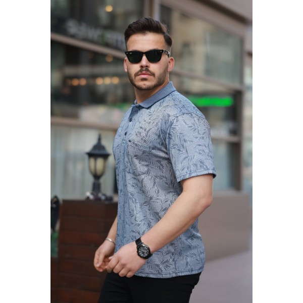 Erkek Yakalı Jakar Baskılı Kısa Kollu T-shirt