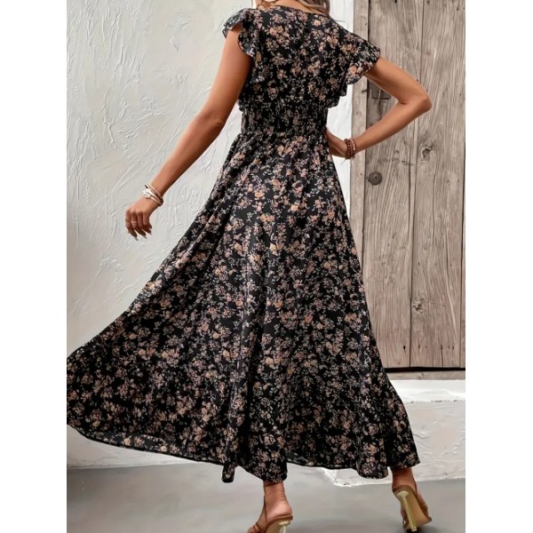 Kadın Kısa Kollu Kruvaze Yaka Beli Lastikli çiçek Desenli Elbise