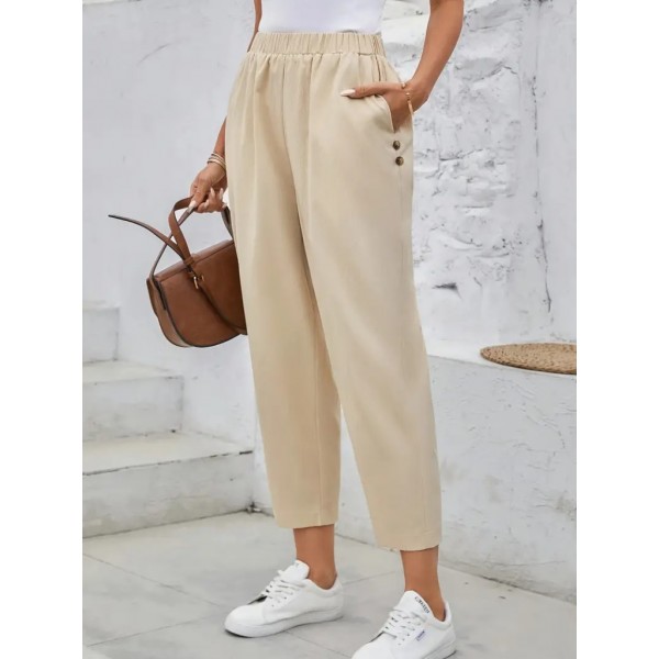 Kadın Yüksek Bel Yandan Cepli Düğme Detaylı Geniş Kesim Ithal Krep Pantolon