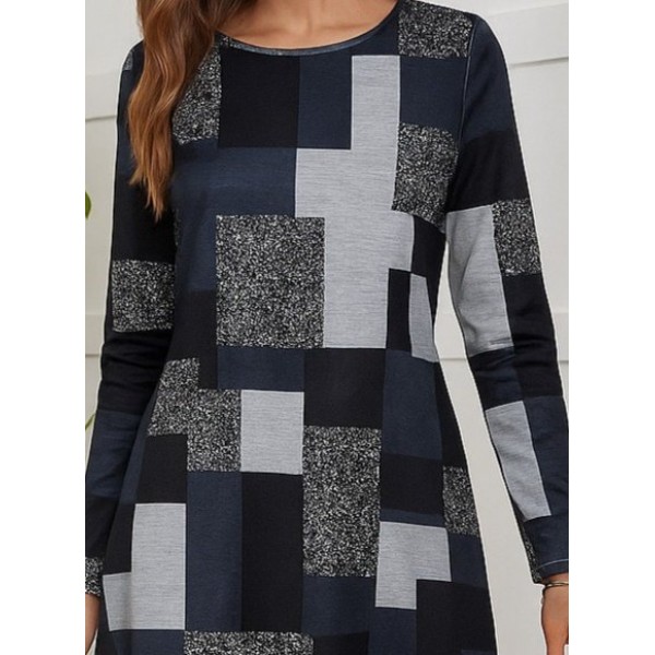 Kadın Uzun Kollu Yuvarlak Yaka Geometrik Süprem Elbise