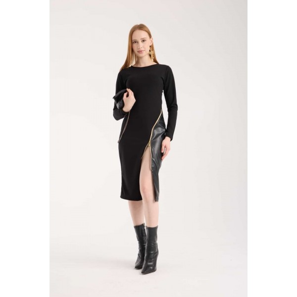 Kadın Bisiklet Yaka Uzun Kollu Deri Ve Fermuar Detay Mini Yırtmaçlı Elbise