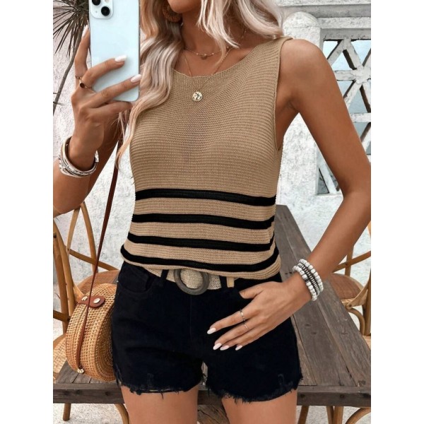 Kadın Sıfır Kol Yuvarlak Yaka şerit Detay Triko Bluz