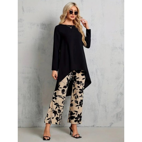 Kadın Uzun Kollu Bisiklet Yaka Asimetrik Kesim Detaylı Viskon Bluz Ve çiçek Desenli Iki Iplik Pantolon