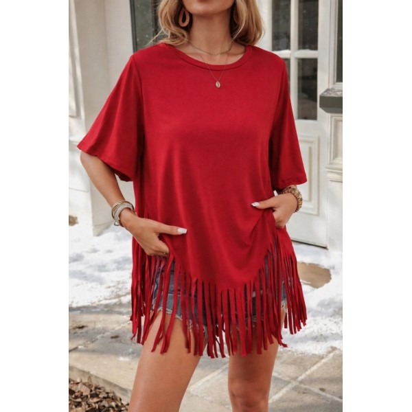 Kadın Kısa Kollu Bisiklet Yaka Püsküllü Viskon Bluz