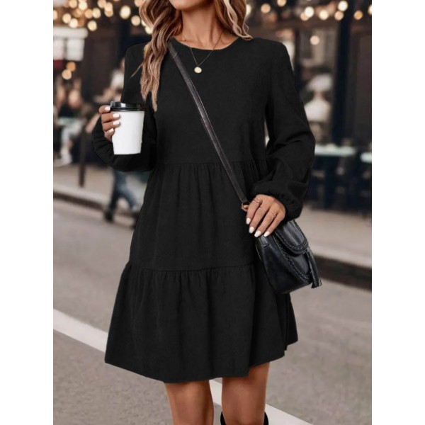 Kadın Uzun Kollu Kol Ucu Lastikli Süet Mini Boy Elbise