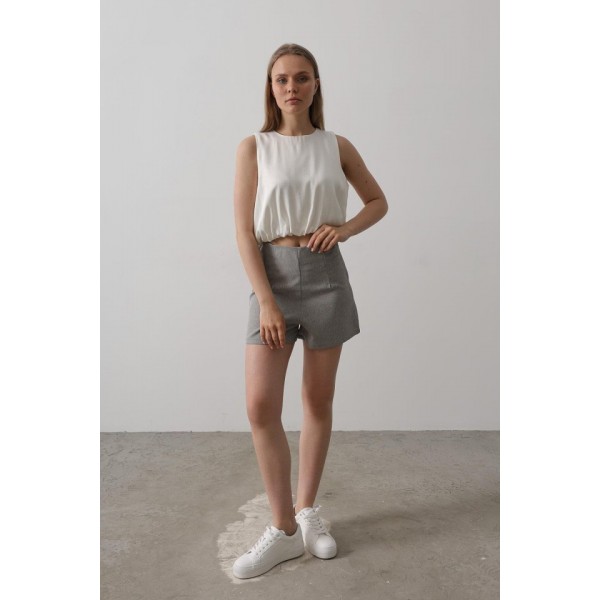 Saten Kolsuz Belki Lastikli Bluz - Ekru