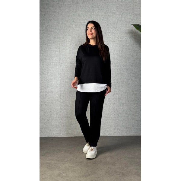 Kadın Uzun Kollu Kapşonlu Bağcıklı Viskon Iki Iplik Bluz Ve Pantolon Ikili Takım