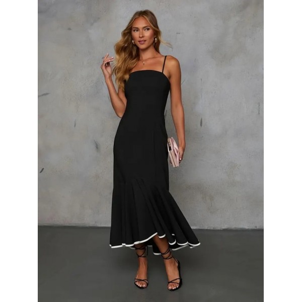 Kadın Ip Askılı Straplez Kesim Detay Maksi Boy Janjan Krep Elbise