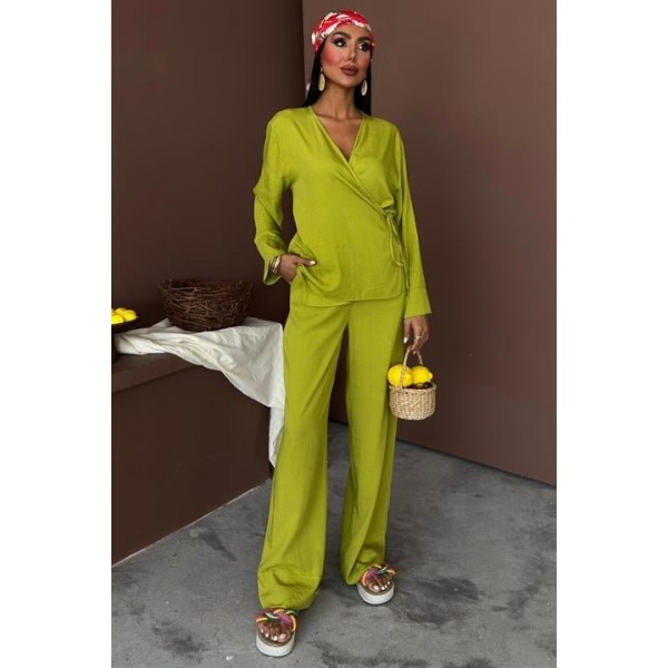 Kruvaze Model Klasik Pantolonlu Çupra Keten Takım 10191