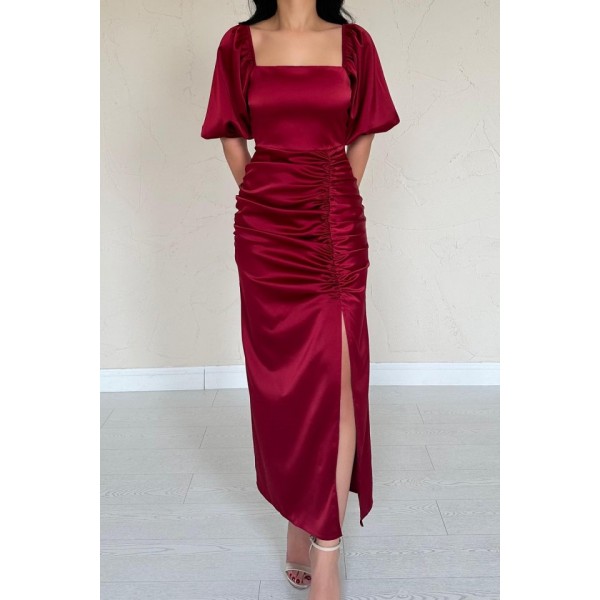 Bordo Büzgülü Saten Elbise